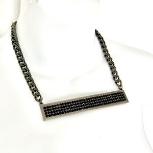 Full Pave Black Diamond ID Bar Costume Necklace Ceramic Link In Gunmetal Black